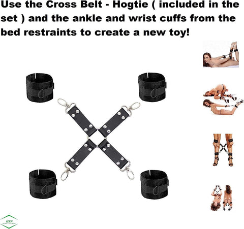 Bondage Bed Restraints Set with Soft and Comfortable Wrists and Ankle Cuffs Restraints with Hogtie Included. Adjustable BDSM Sex Bed Restraints Straps to Fit Any Mattress Suitable for Men and Women